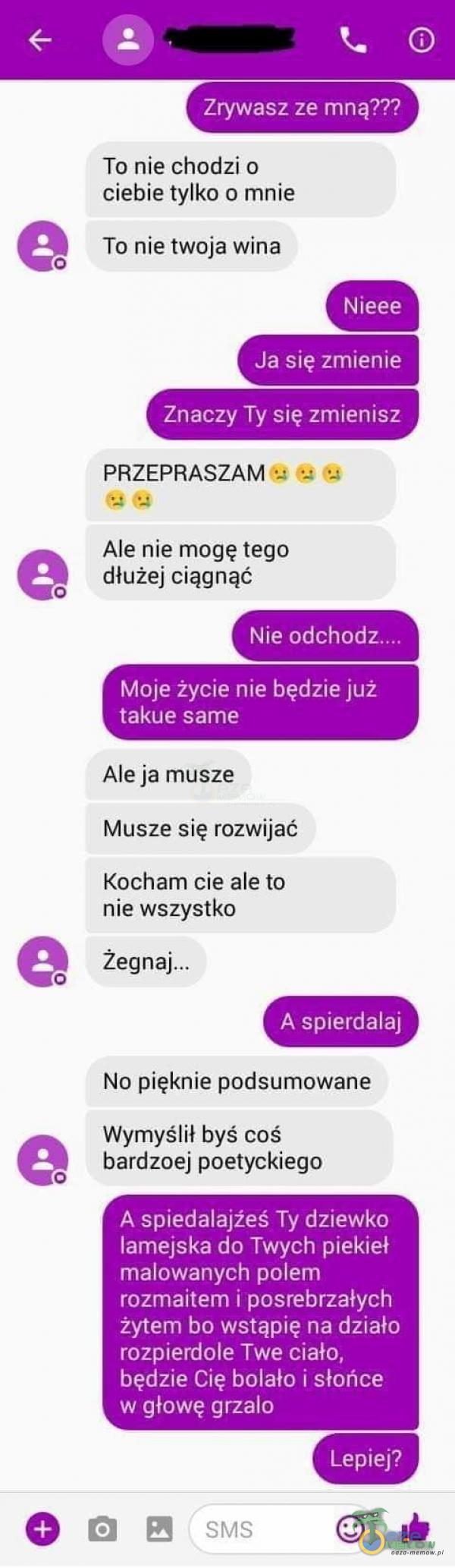  Zrywasz ze mną??? To nie chodzi o ciebie tylko o mnie To nie twoja wina Nieee Ja się zmienie Znaczy Ty się zmienisz PRZEPRASZAM Ale nie mogę tego...