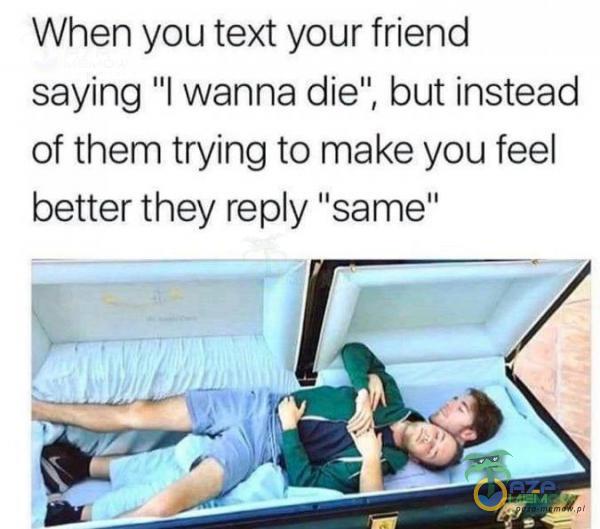 When you text your friend saying ”I wanna die , but instead of them trying to make you feel better they repiy ”same
