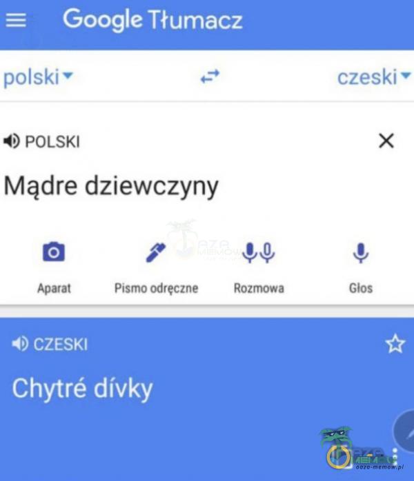 Google Tłumacz czeski )olskiș POLSKI Mądre dziewczyny Aparat Pismoodręczne Rozmwa 4) CZESKI Chytrć divky