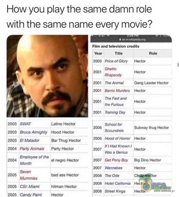  How you ay the same damn role with the same name every movie? Film and television credits 2003 SWAT 2003 Arnighty 2003 E Matador 2004 Ernoyee Of 2005...