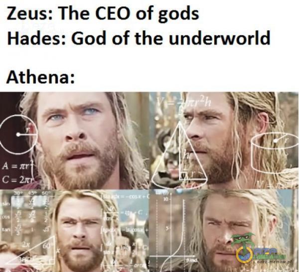 Zeus: The CEO of gods Hades: God of the underworld Athena: