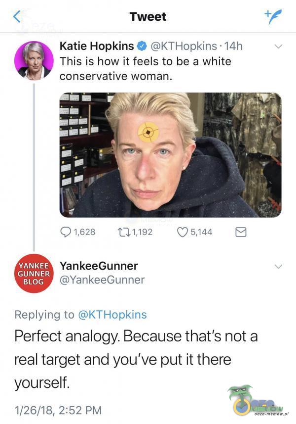  Tweet Katie Hopkins O KTHopkins • 14h This is how ił feels to be a white conservative woman. 1 5,144 YANKEE GUNNER BLOG C) 1,628 CII,192 YankeeGunner YankeeGunner Reying to KTHopkins Perfect an***gy. Because thaťs not a real target and you ve put...