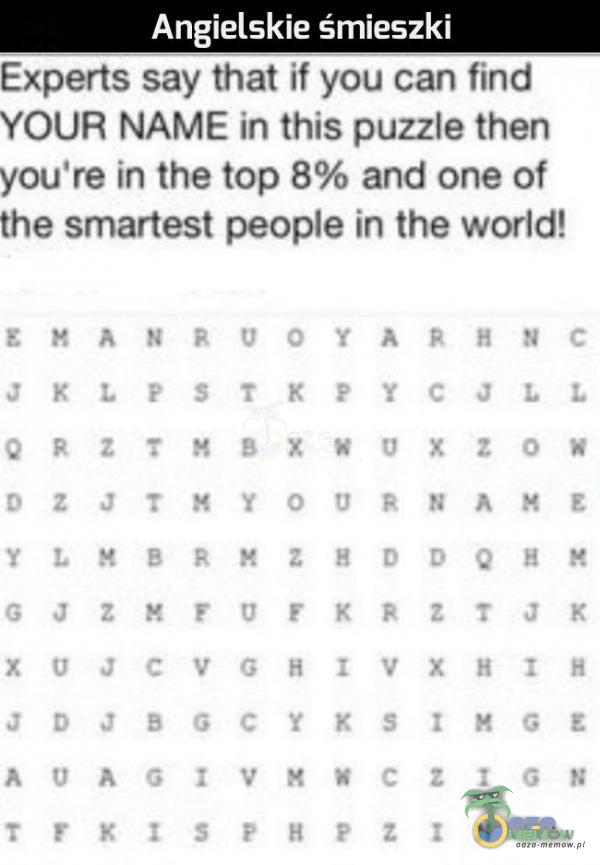 Experts say that If you can finc YOUR NAME in this puzzie then you re in the top 8% and one of the smartest peopie in the worldł
