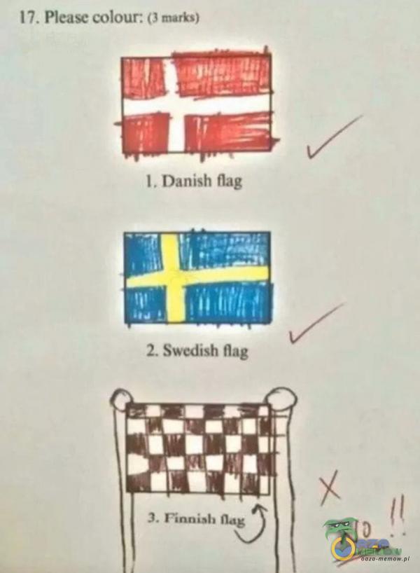 17. Please colour. (3 marks) I. Danish flag 2. Swedish flag 3. finni5b nag