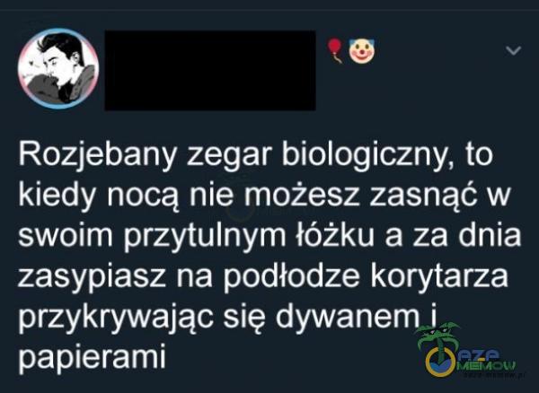 Roz***any zegar biologiczny, to kiedy nocą nie możesz zasnąć w swoim przytulnym łóżku a za dnia zasypiasz na podłodze korytarza przykrywając się dywanem i papierami