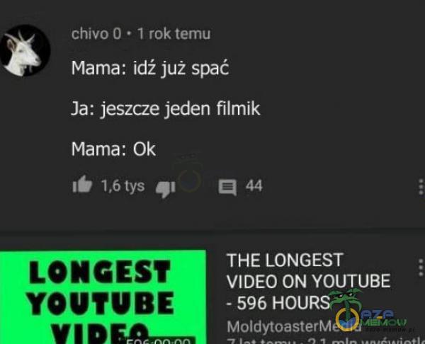 chivo O • I rok temu Mama: idź już spać Ja: jeszcze jeden filmik Mama: Ok 1,6tys LONGEST YOUTUBE 44 THE LONGEST VIDEO ON YOUTUBE - 596 HOURS MołdytoasterMedia