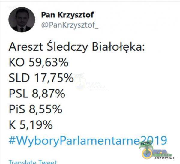 Pan Krzysztof PanKrzysztof_ Areszt Śledczy Białołęka: KO 59,63% SLD 17,75% PSL 8,87% PiS 8,55% K 5,19% #WyboryParlamentarne2019