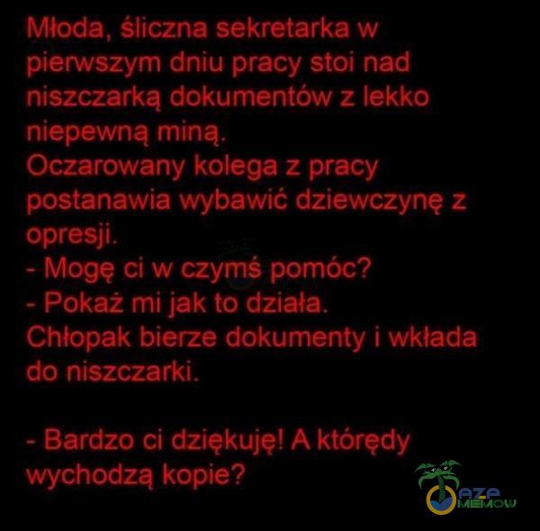   Młoda, śliczna sekretarka w pierwszym dniu pracy stoi nad niszczarką dokumentów z lekko niepewną miną. Oczarowany kolega z pracy postanawia wybawić dziewczynę z opresji. - Mogę ci w czymś pomóco - Pokaż mi jak to działa. Chłopak bierze...