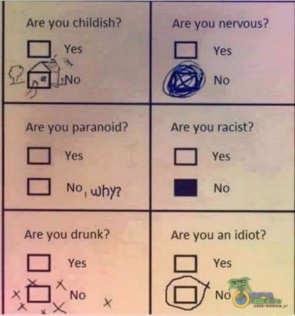 Are you childish? o Are you paranoid? Yes Are you drunk? Yes No Are you nervous? Yes No Are you racist? Yes No Are you an idiot? No