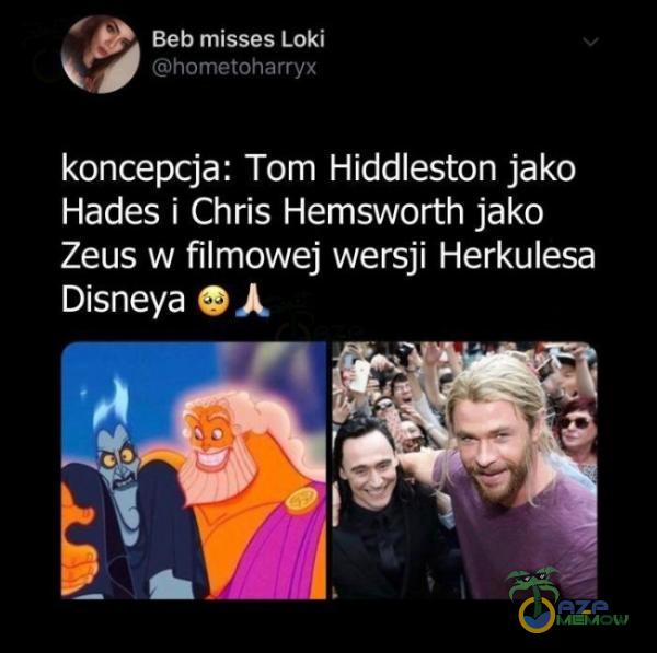 Beb misses Loki hometoharryx koncepcja: Tom Hiddleston jako Hades i Chris Hemsworth jako Zeus w filmowej wersji Herkulesa Disneya
