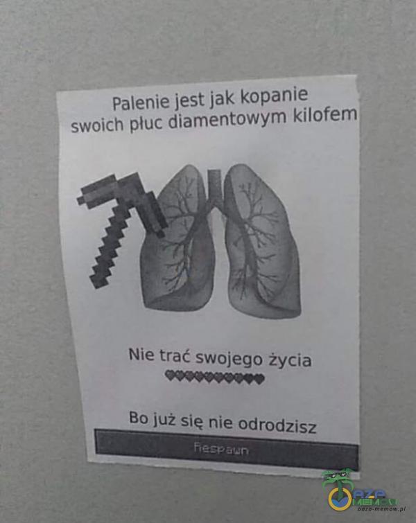 Palenie jest jak kopanie swoich płuc diamentowym kilofem Nie trać swojego życia Bo już się nie odrodzisz