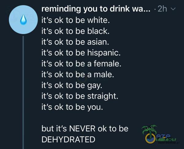  reminding you to drink iťs ok to be white. iťs ok to be black. iťs ok to be asian. iťs ok to be hispanic. iťs ok to be a female. iťs ok to be a małe. iťs ok to be gay. iťs ok to be straight. iťs ok to be you. but iťs NEVER ok to be...