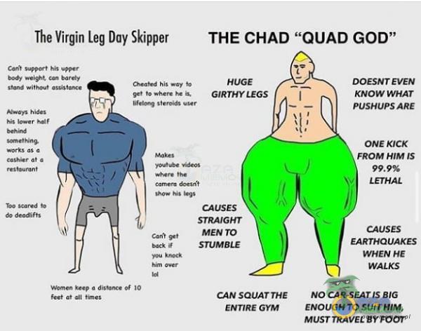 The Virgin Leg Day Skipper THE CHAD QUAD GOD” GIRȚHY LEGS CAUSES STRAJGHT MEN ro STUMBLE CAN SQUATTHE GYM DOESNT EVEN KNOW WHAT PUSHUPS ARE ONE KICK FROM CAUSES EARTHOUAKES WHEN HE WALKS NO CAR-SEAT BIG ENOUGH ro SUIT MUST TRAVEL BY FOOT