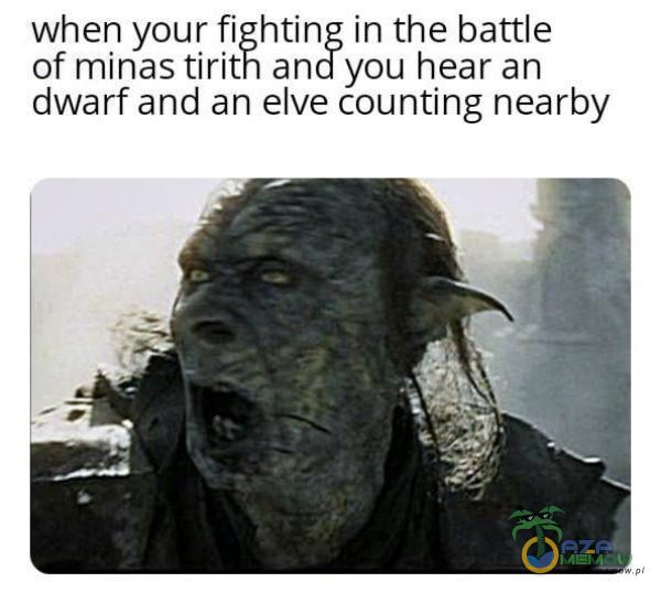 when your fighting in thie battle of minas tirith ańd you hear an dwarf and an elve counting nearby