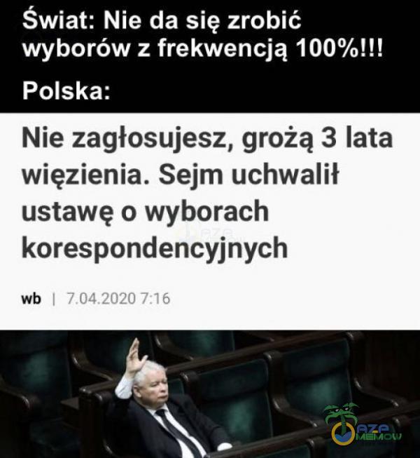 Świat: Nie da się zrobić wyborów z frekwencją 100%]!!! Polska: Nie zagłosujesz, grożą 3 lata więzienia. Sejm uchwalił ustawę o wyborach korespondencyjnych