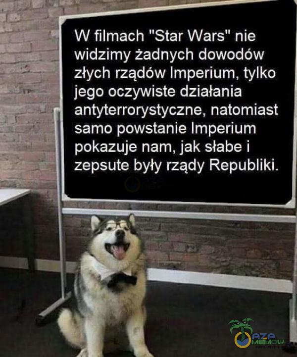 W filmach Star Wars” nie widzimy żadnych dowodów złych rządów Imperium, tylko jego oczywiste działania antyterrorystyczne, natomiast samo powstanie Imperium pokazuje nam, jak słabe i zepsute były rządy Republiki.