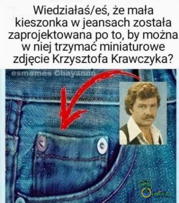 Wiedziałaś/eś,. że mała kieszonka w jeansach została zaprojektowana po to, by można w niej trzymać miniaturowe zdjęcie Krzysztofa Krawczyka? E= arte