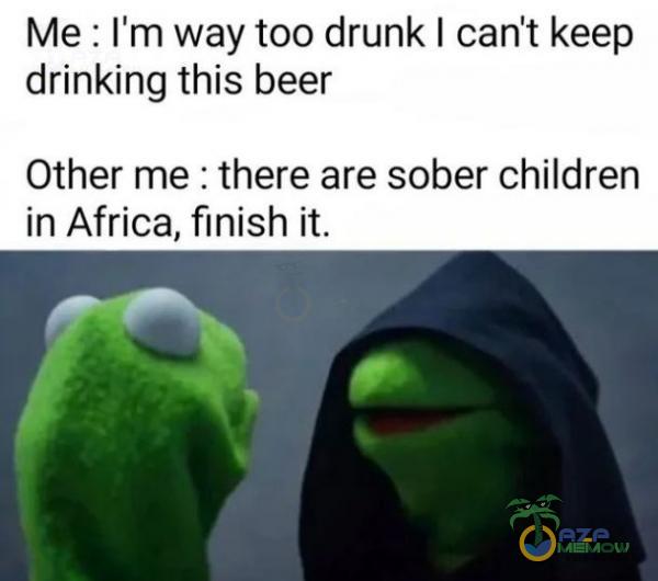 Me : Im way too drunk I cant keep drinking this beer Other me : there are sober children in Africa, finish it.