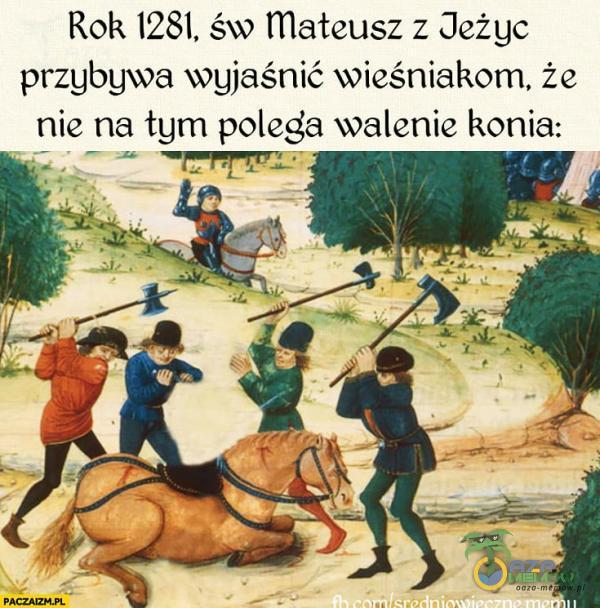 Rok 1281, św mateusz z Oeżgc przgbgwa wyjaśnić wieśniakom, że nie na tum polega walenie konia: