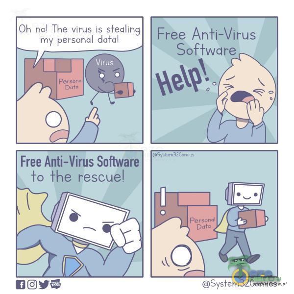 Oh no! The virus is Stealing my personal dała Virus O Free Anti-Virus Software ło the rescuel Free Anłi-Virus Software Systerh3 persona I D ata Sysłem32Comics