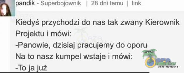 pandik - Superbojownik | 28 dni temu I link Kiedyś przychodzi do nas tak zwany Kierownik Projektu i mówi: -Panowie, dzisiaj pracujemy do oporu Na to nasz kumpel wstaje i mówi: -To ja już