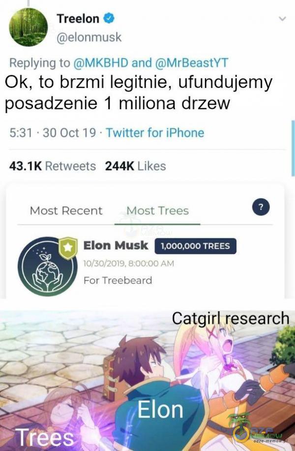  Treelon elonmusk Reying to MKBHD and MrBeastYT Ok, to brzmi legitnie, ufundujemy posadzenie 1 miliona drzew 5:31 • 30 Oct 19 • Twitter for iPhone 244K Likes Retweets Most Recent Most Trees Elon Musk TREES 10/30/2019, 8:00:00 AM For Treebeard...