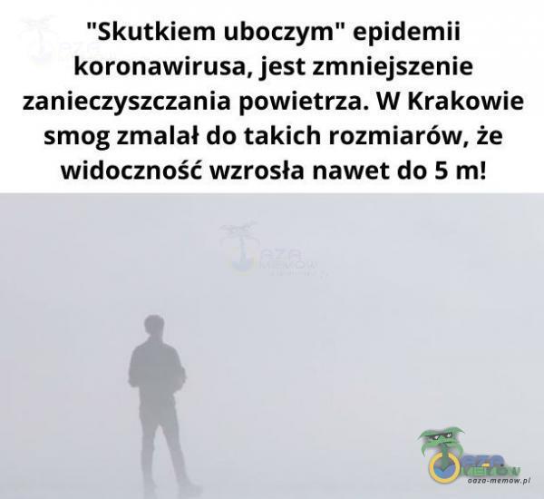 skutkiem uboczym epidemii koronawirusa, jest zmniejszenie zanieczyszczania powietrza. W Krakowie smog zmalał do takich rozmiarów, że widoczność wzrosła nawet do 5 m!