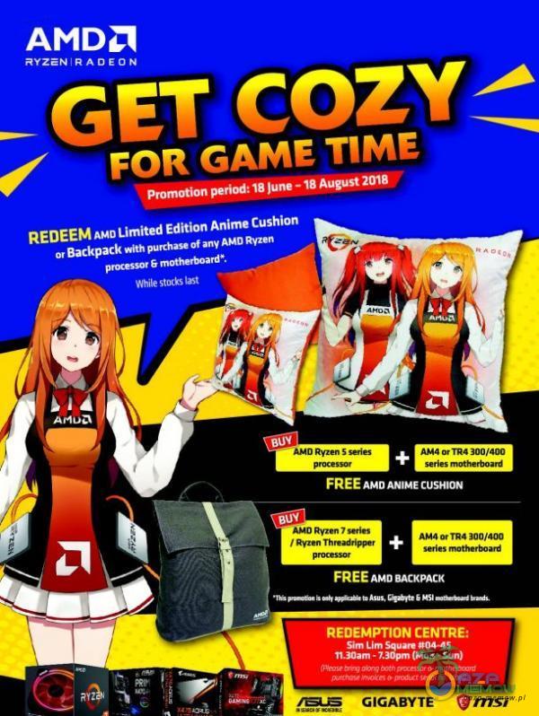 AMDă RYZENAADEON GET COZY< FOR GAME TIME REDEEM AMO Limited Edition Anime Cushion Backpack with purchas. of any AMO Ryzen stcx*s o, rR4 FREE Cu9• FREE AMO REDEMPT/ON CENTRE: Sim Lim 04-4S - (Mon • GIGABYTE