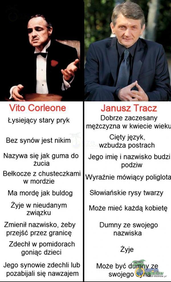   Vito Corleone Łysiejący stary pryk Bez synów jest nikim Nazywa się jak guma do żucia Bełkocze z chusteczkami w mordzie Ma mordę jak buldog Žyje w nieudanym związku Zmienił nazwisko, żeby przejść przez granicę Zdechł w pomidorach...