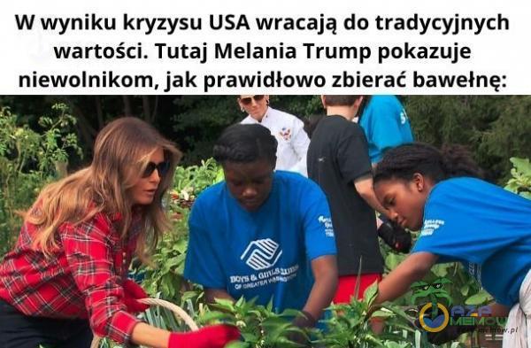 W wyniku kryzysu USA wracają do tradycyjnych wartości, Tutaj Melania Trump pokazuje niewolnikom, jak prawidłć bawełnę: