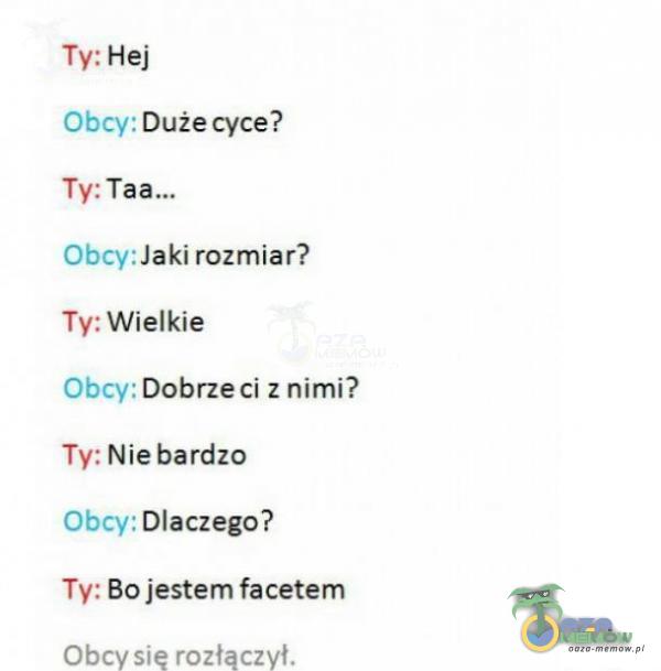 Ty: Hej Obcy: Duże cyce? Ty: Taa.„ Jaki rozmiar? Obcy: Ty: Wielkie Dobrzeci z nimi? Obcy: Ty: Nie bardzo Obcy: Dlaczego? Ty: Bo jestem facetem Obcv sie rozłączył.