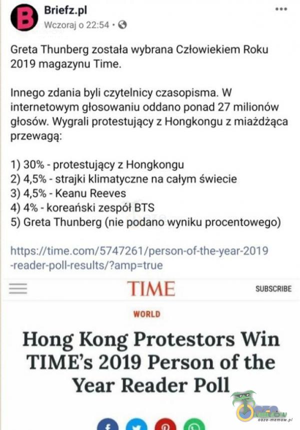   Briefz Wczoraj 0 22:54 • O Greta Thunberg została wybrana Człowiekiem Roku 2019 magazynu Time. Innego zdania byli czytelnicy czasopisma. W internetowym głosowaniu oddano ponad 27 milionów głosów. Wygrali protestujący z Hongkongu z...