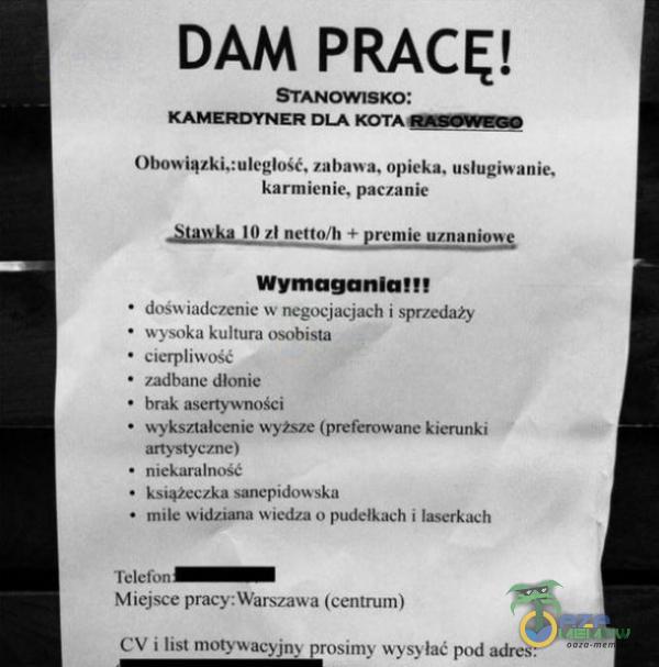  DAM PRACĘ! STANOWIEKO: KAMERZYNER DLĄ KOTA SisziPss== Ferycyą zi sRe yh, ZAi kurmicni „ ieka , iesdugwmmi pruczaniię kaai zł nesznTa -gryęerkh Wymuesęemiattt 1e YY LIGJ NOJ U 1 SYJUSJELA JY 4 bselloma wodozczia ylileve * ulbune dłonie 2 ee...