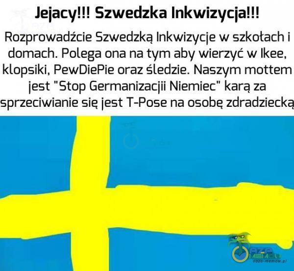  Jejacy!!! Szwedzka Inkwizycja!!! Rozprowadźcie Szwedzką Inkwizycje w szkotach i domach. Polega ona na tym aby wierzyć w Ikee, klopsiki, PewDiePie oraz śledzie. Naszym mottem jest Stop Germanizacjii Niemiec karą za sprzeciwianie sie jest T-Pose...
