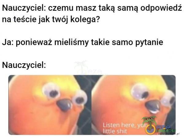 Nauczyciel: czemu masz taką samą odpowiedź na teście jak twój kolega? Ja: ponieważ mieliśmy takie samo pytanie