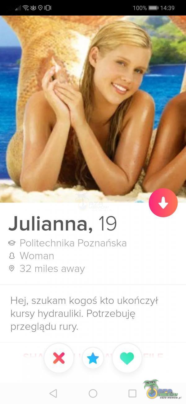  100% 14:39 Julianna, 19 e Politechnika Poznańska O Woman 32 miles away Hej, szukam kogoś kto ukończył kursy hydrauliki. Potrzebuję przeglądu...