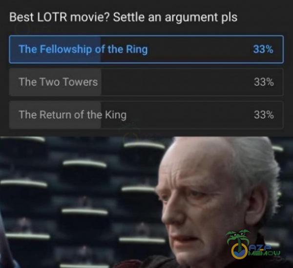 Best LOTR movie? Settle an argument PIS The Fellowship of the Ring The Two Towers The Return of the King 33% 33%