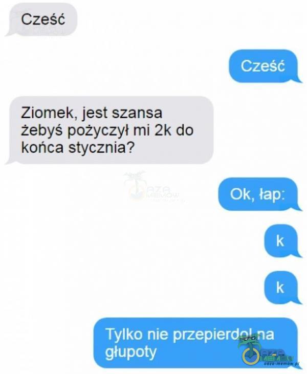 Cześć Cześć Ziomek, jest szansa żebyś pożyczył mi 2k do końca stycznia? Ok, łap: Tylko nie przepierdol na głupoty