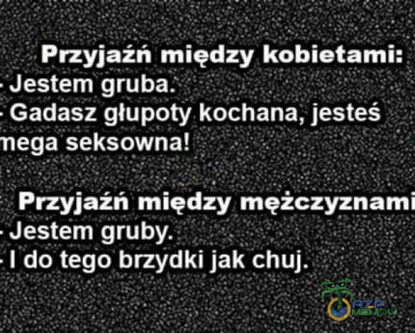 Przyjażń między kobietami: Jestem gruba: Gadasz głupoty kochana, jesteś nega seksowna! Przyjażń między mężczyznami - Jestem gruby. I do tego brzydki jak c***.