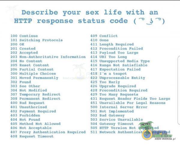   Describe your s*x life with HTTP response status code ( an 100 101 200 201 202 203 204 205 206 300 301 303 304 307 30g 400 401 402 403 404 405 405 407 Cont in ue Svi t ching ProŁocoIs Created NO n — Aut NO Res e E Choice B 302 pound S Othor NOE T...