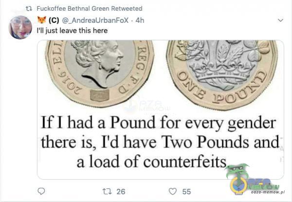 Fuckoffee Bethnal Green Retweeted (C) _AndreaUrbanFoX • 4h CII just leave this here Ifl had a Pound for every gender there is, Itd have Two Pounds and a load of counterfeits. 0 26 0 55
