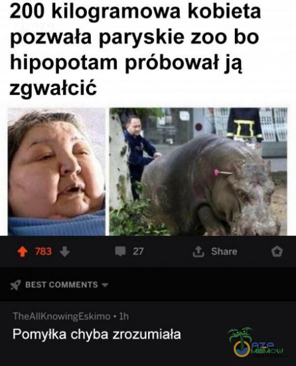 200 kilogramowa kobieta pozwała paryskie zoo bo hipopotam próbował ją zgwałcić ei LS- Noiii Jr g o 4A
