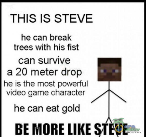 THIS IS STEVE he can break trees with his fist can survive a 20 meter drop he is the most powerful video game character he can eat gołd BEMORE VE