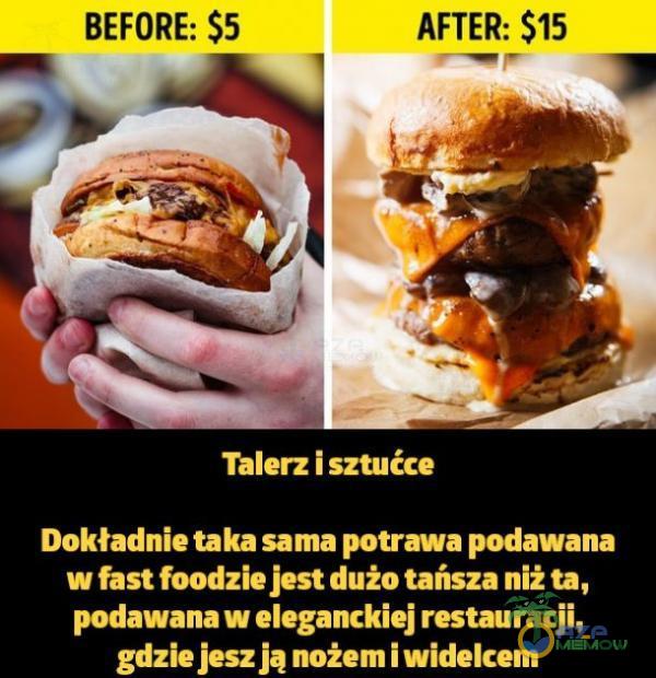 BEFORE: $ AFTER: $15 Talerz i sztućce Dokładnie taka sama potrawa podawana w fast foodzie jest dużo tańsza niż ta, podawana w eleganckiej restauracji, gdzie jesz ją nożem i widelcem