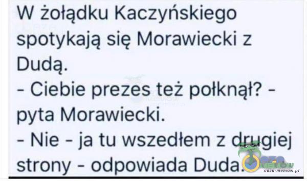 W żołądku Kaczyńskiego spotykają się Morawiecki z Dudą. - Ciebie prezes też połknął? - pyta Morawiecki. - Nie = ja tu wszedłem z drugiej strony - odpowiada Duda.