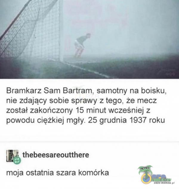 Bramkarz Sam Bartram, samotny na boisku, nie zdający sobie sprawy z tego, że mecz został zakończony 15 minut wcześniej z powodu ciężkiej mgły. 25 grudnia 1937 roku thebeesareoutthere moja ostatnia szara komórka