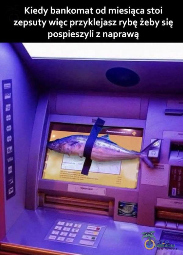 Kiedy bankomat od miesiąca stoi zepsuty więc przyklejasz rybę żeby się pospieszyli z naprawą