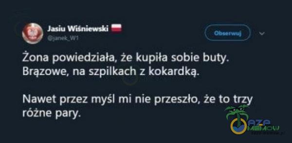 Żona powiedziała. że kupiła sobie buty. Brązowe, na szpilkach z kokardką. Nawet przez myśl mi nie przeszło, że to trzy różne pary.