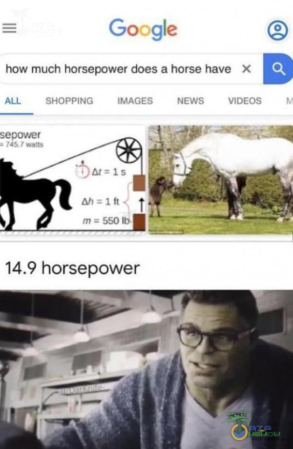 Google how much horsepower does a horse have X ALL watts SHOPPING IMAGES NEWS VIDEOS at=ls Ah:lft m=5SOlb horsepower