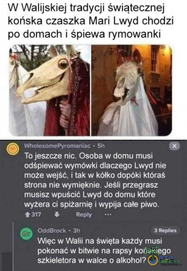   W Walijskiej tradycji świątecznej końska czaszka Mari Lwyd chodzi po domach i śpiewa rymowanki WholesomePyromaniac • 5h To jeszcze nic. Osoba w domu musi odśpiewać wymówki dlaczego Lwyd nie może wejść, i tak w kółko dopóki któraś...